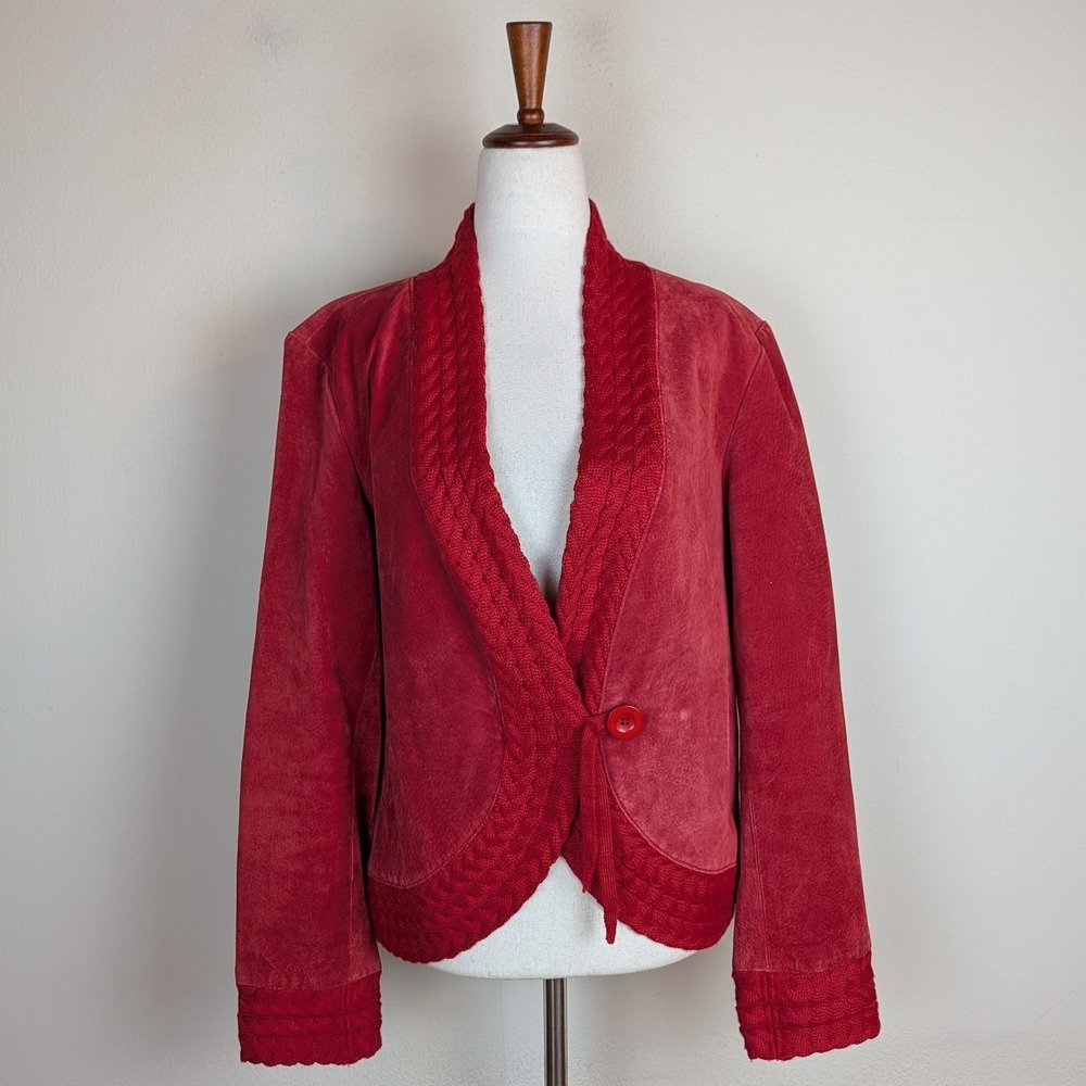 Coldwater Creek Jacket Medium Red Suede Leather Knit Trim Double Breasted Button